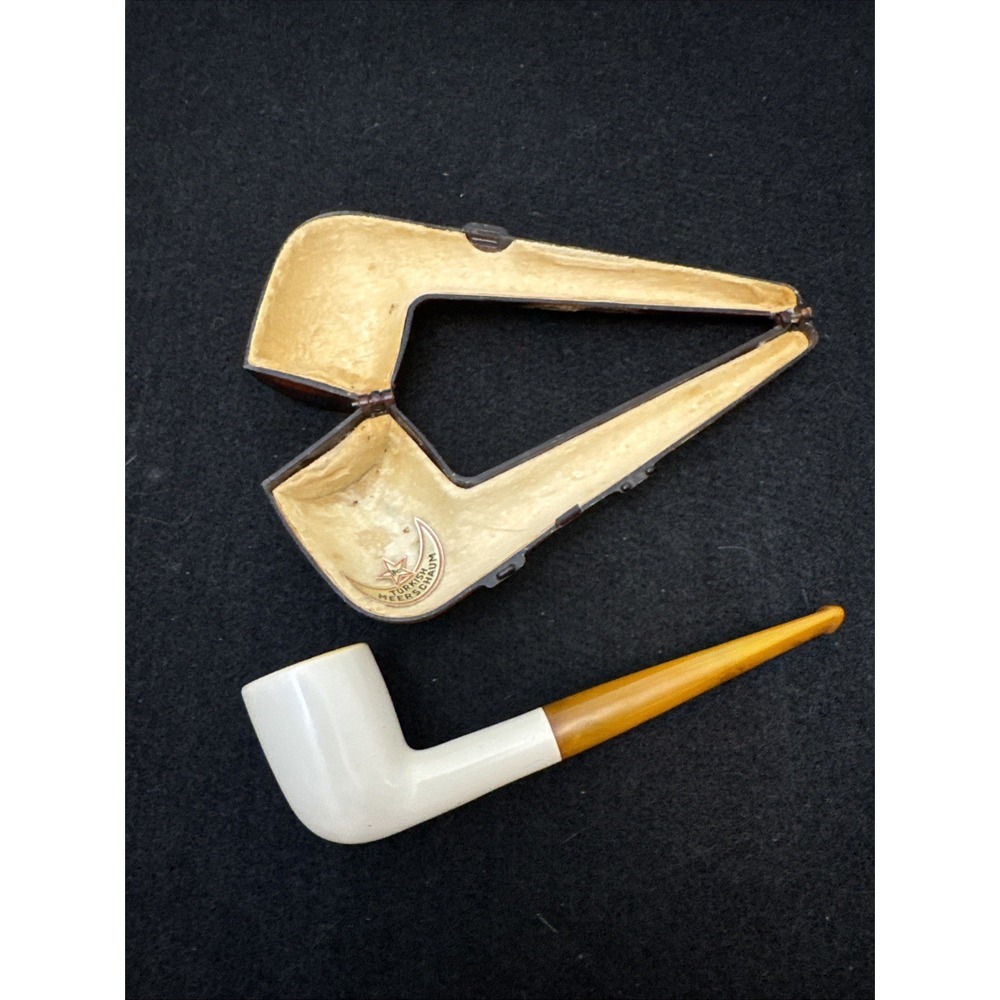 Vintage Block Meerschaum Pipe Amber Stem Hand Carved Estate Tobacco Pipe